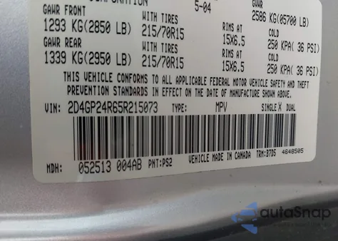 2005 Dodge Grand Caravan Se z USA, uszkodzony, nr VIN 2D4GP24R65R215073